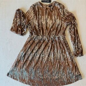 Boohoo Maternity Sequin Tie Waist Shift Dress Light Bronze‎ Size 14